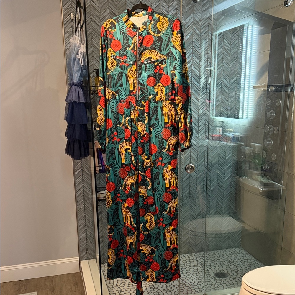 Long Mulla Floral & Leopard Print Jumpsuit Romper in Teal and Red